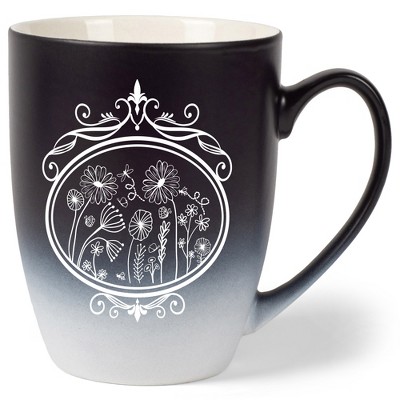 Elanze Designs Flowers in Circle Two Toned Ombre Matte Black and White 12 ounce Ceramic Stoneware Coffee Cup Mug