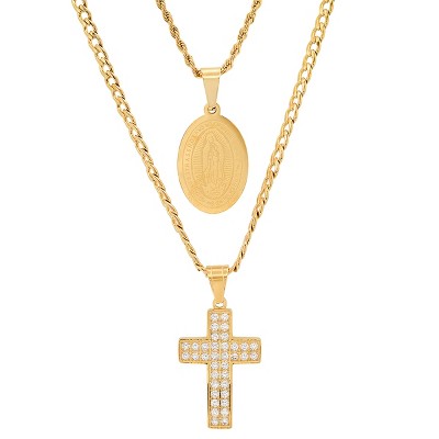 Steeltime Men's stainless steel and simulated diamonds double layered cross and our Lady of Guadalupe pendant. Color Options: Silver, Gold