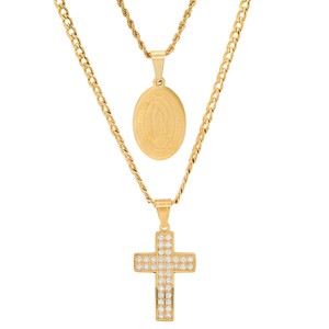 Steeltime Men's stainless steel and simulated diamonds double layered cross and our Lady of Guadalupe pendant. Color Options: Silver, Gold - 1 of 4