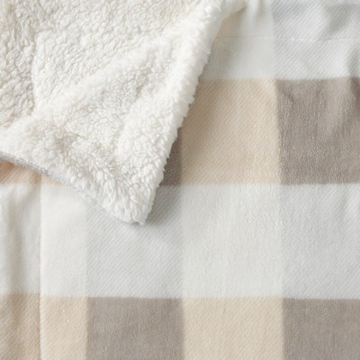 Twin Soft Taupe and Pale Grey Buffalo Check Fleece Sherpa Reversible Blanket