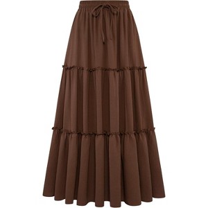 Women's Boho Beach Maxi Skirt - High Waist Flowy Pleated & Ruffle Long Skirt with Pockets Brown - 1 of 4