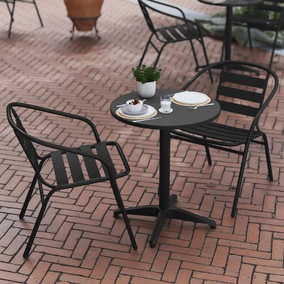 Black Aluminum 2-Person Round Outdoor Table Set with Slat Back Chairs