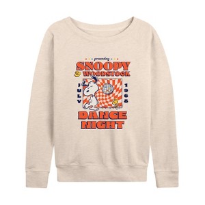 Women's - Peanuts - Snoopy And Woodstock Dance Night Lightweight French Terry Wide Neck Long Sleeve Shirt - 1 of 4
