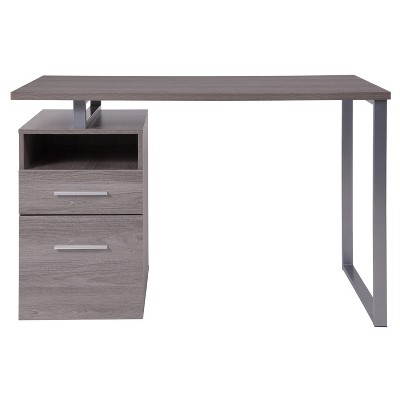 Light Ash Wood Computer Desk with Drawer and Silver Frame