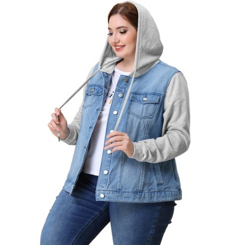 Agnes Orinda Plus Size Layered Drawstring Hood Denim Utility Jacket Sky Blue 2x : Target