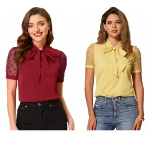 INSPIRE CHIC Women's Bow Tie V Neck Stand Collar Short Mesh Sleeve Blouse 2 Packs - 1 of 4