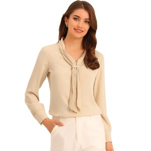 INSPIRE CHIC Women's Long Sleeve Pleated Tie Neck Office Blouses - 1 of 4
