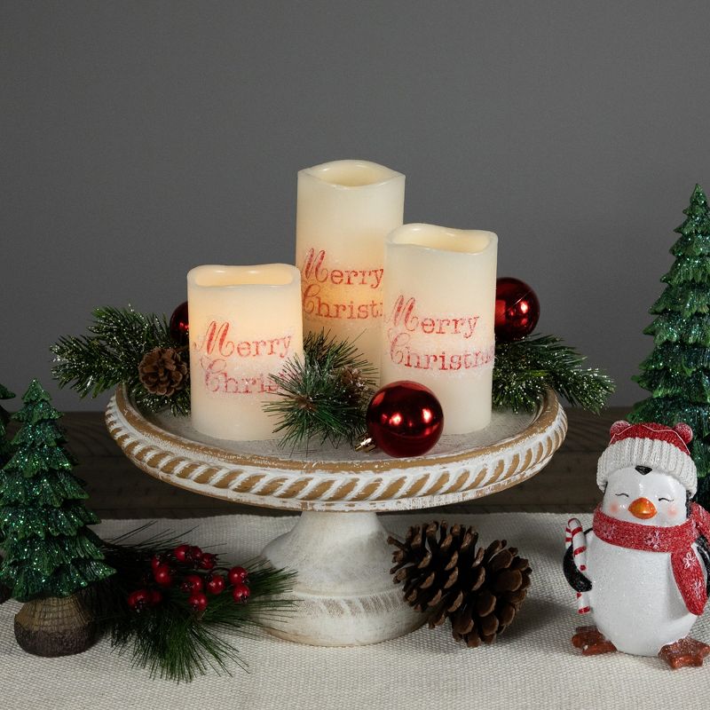 Northlight Set of 3 Frosted White "Merry Christmas" Flameless LED Wax Pillar Candles 6", 2 of 8
