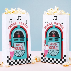 Big Dot of Happiness 50's Sock Hop Popcorn Bags, 1950s Rock N Roll Party Favor Snack Treats, Free-Standing Individual White Paper Bags - 25 Count - 1 of 4