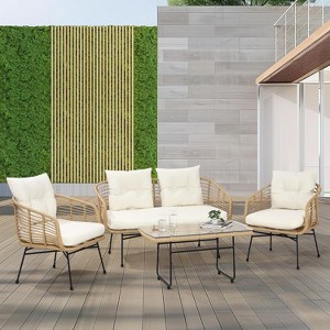 4-Piece Outdoor Patio Furniture Set with Boho Rope Wicker Sofa, Loveseat & Glass Table, All-Weather Couch for Garden, Backyard, Porch - 1 of 4