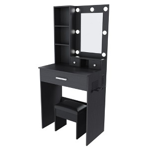 TiramisuBest LED Vanity Table with Mirror, Power Outlet, Hairdryer Holder & Stool, Compact Dressing Desk, Black - 1 of 4