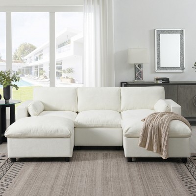 Whisen Modern Design Chenille Modular Sectional Sofa with Storage Pockets, Pillows and 2 Movable Ottomans