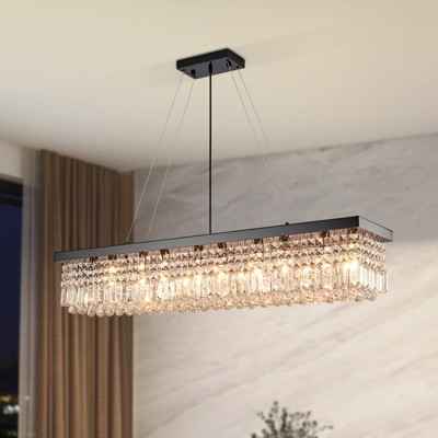 Ludomide Modern Black Crystal Chandelier Rectangular Pendant Lighting Fixture for Dining Room Kitchen Island- 10 Lights
