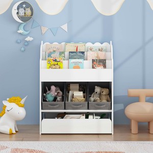 MAYEERTY Bookshelf with Storage Bins and Drawer, Multifunctional Wooden Book Organizer for Toddles for Living Room White - 1 of 4
