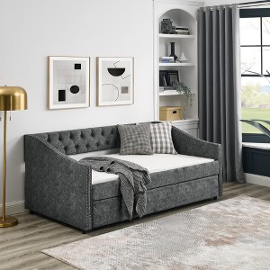 Twin/Full Size Daybed with Trundle, Upholstered Tufted Sofa Bed with Button and  Waved Shape Arms - ModernLuxe - 1 of 4