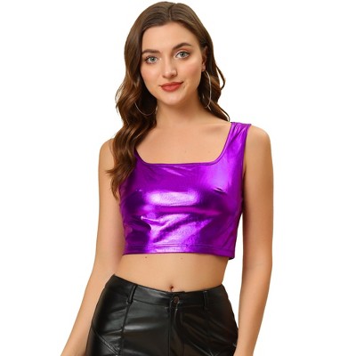 Allegra K Women's U Neck Sleeveless Party Clubwear Shiny Metallic Crop ...