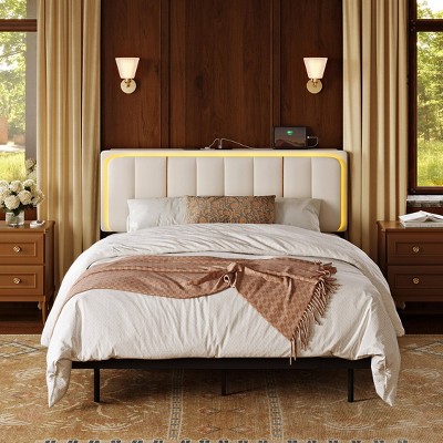 WOWLIVE Floating Bed Frame with Charging Station and LED Lights, Upholstered Platform Bed Frame with Adjustable Headboard and Under-Bed Storage