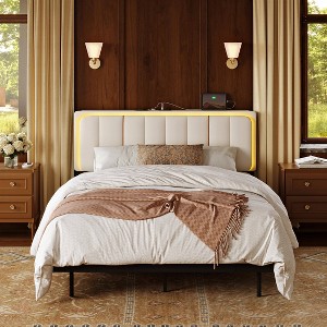 WOWLIVE Floating Bed Frame with Charging Station and LED Lights, Upholstered Platform Bed Frame with Adjustable Headboard and Under-Bed Storage - 1 of 4