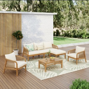 Christopher Knight Home Ignis Boho 5 Piece Patio Acacia Wood Faux Rattan Chat Set with Cushions and Slatted Coffee Table - 1 of 4