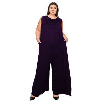 L I V D Women's Off Shoulder Full Length Jumpsuit, Dark Eggplant, 1X