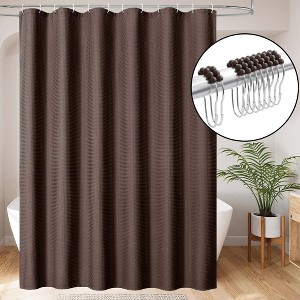 Home Mart Goods Chocolate Brown Fabric Textured Glam luxury Shower Curtain With 12 Metal Roller Ball Hooks - 72" x 72" - 1 of 3