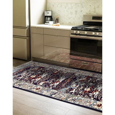 Navy Blue and Tan Floral Synthetic Runner Rug