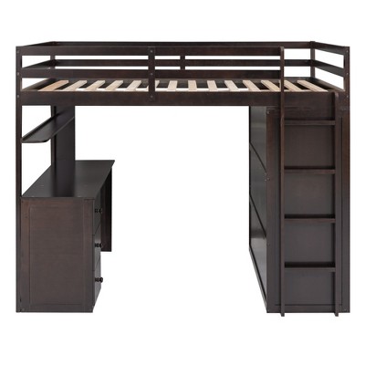 Front view of a dark brown loft bed with built-in ladder and desk