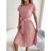 Womens Floral Pleated Dress Cap Sleeve Round Neck Belted Skater Midi Dress Short Sleeve Casual Dress for Summer - 3 of 4