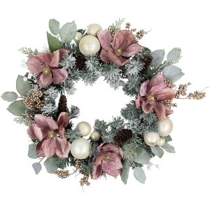 Northlight Floral and Ball Ornament Frosted Pine Artificial Christmas Wreath - 24" -Pink - Unlit - 1 of 4