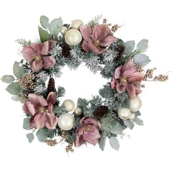 Northlight Pink Floral and Ball Ornament Frosted Pine Artificial Christmas Wreath, 24-Inch, Unlit