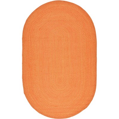Handwoven Orange Wool Oval Braided Area Rug, 5' x 8'