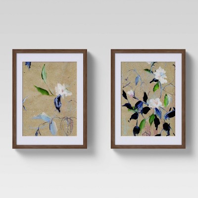 Photo 1 of (Set of 2) 12 x 16 Sketched Floral Matted Print in Walnut Frame Wall Canvases Blue - Threshold