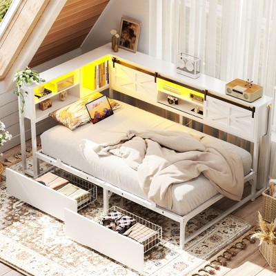 Aheaplus Reversible Daybed with Bookcase and Drawer, Corner Bed Frame with Sliding Door