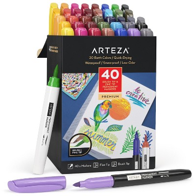 Arteza Set of 40 Permanent Markers Earth Tones , Fine & Brush Nib, 20 Assorted Colors (ARTZ-4413)