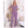 INSPIRE CHIC Women's Turndown Collar Knit Short Sleeve Top with Side Pocket Long Pant Pajamas Set - 3 of 4