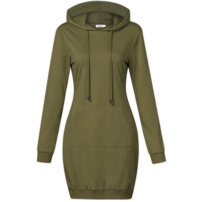 Women Long Sleeve Pocket Solid Color Pullover Hooded Tunic Dress