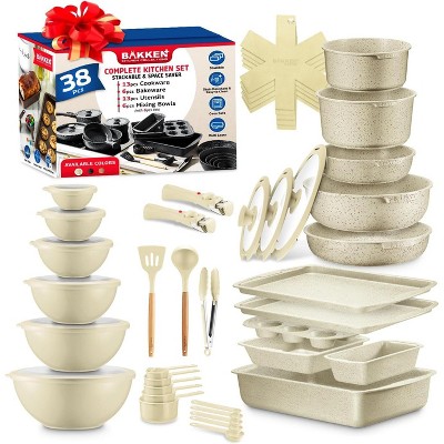 Bakken Master 38 Piece Granite Cookware and Bakeware Set – Nonstick Granite Coating, Tempered Glass Lids, 6-piece Bakeware set, 12-piece Mixing Bowls,