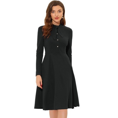 Allegra K Women's Work Sheath Tie Neck Knit Long Sleeve Midi Dress