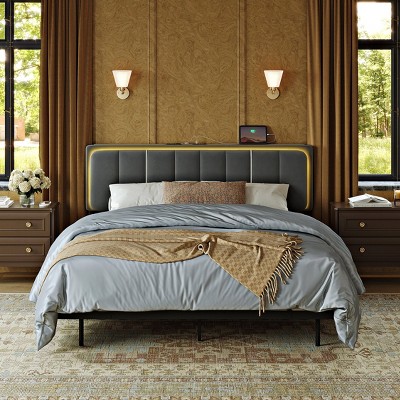 WOWLIVE Floating Bed Frame with Charging Station and LED Lights, Upholstered Platform Bed Frame with Adjustable Headboard and Under-Bed Storage