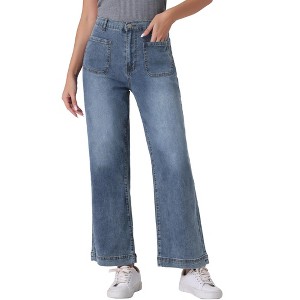 Allegra K Women's High Waisted Stretchy Straight Leg Buttoned Loose Denim Jeans - 1 of 4