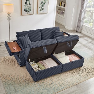 Convertible Sectional Sofas Corduroy Loveseat Sofa with Double Storage Ottomans, Adjustable Armrest Table with USB Port, Super Soft Chaise Lounge - 1 of 4
