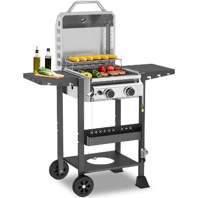 ZAFRO 2-Burner Propane Gas BBQ Grill, 16000 BTU Stainless Steel Barbecue with Cast Iron Grates Side Storage Shelves, Top Lid