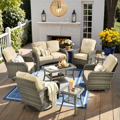XIZZI Outdoor Patio Swivel Chair Conversation Set, 3/5/7/8 Piece Sofa Sets w/ Side Table, 360° Swivel Seats & Optional Coffee Table/Loveseat
