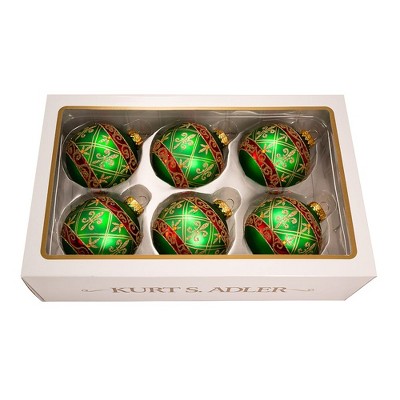 Green and Gold Glass Ball Ornaments with Fleur-de-Lis, Set of 6