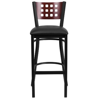Mahogany Wood Back Black Vinyl Seat Metal Barstool