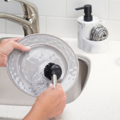 mDesign Plastic Kitchen Counter Dish Soap Pump, Sponge Caddy - Clear/Soft  Brass