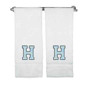 BC BARE COTTON Monogrammed Towels, Personalized Gift, Set of 2 - Embroidered Writing with Light Blue - 1 of 4
