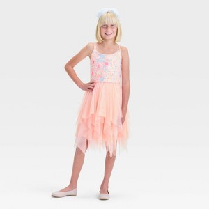 Girls' Sleeveless 'Floral' High-Low Tulle Skirt Dress - Cat & Jack™ Peach Orange - 1 of 3