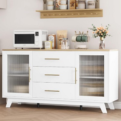 Whizmax 56" Buffet Cabinet with Drawers - Modern Sideboard with Adjustable Shelves & Fluted Glass Door, Coffee Bar Storage for Kitchen/Dining Room
