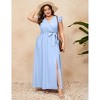 Plus Size Women's Cross V Neck Flutter Sleeve Dress with Belt High Slit Flowy Summer Maxi Dress - 2 of 4
